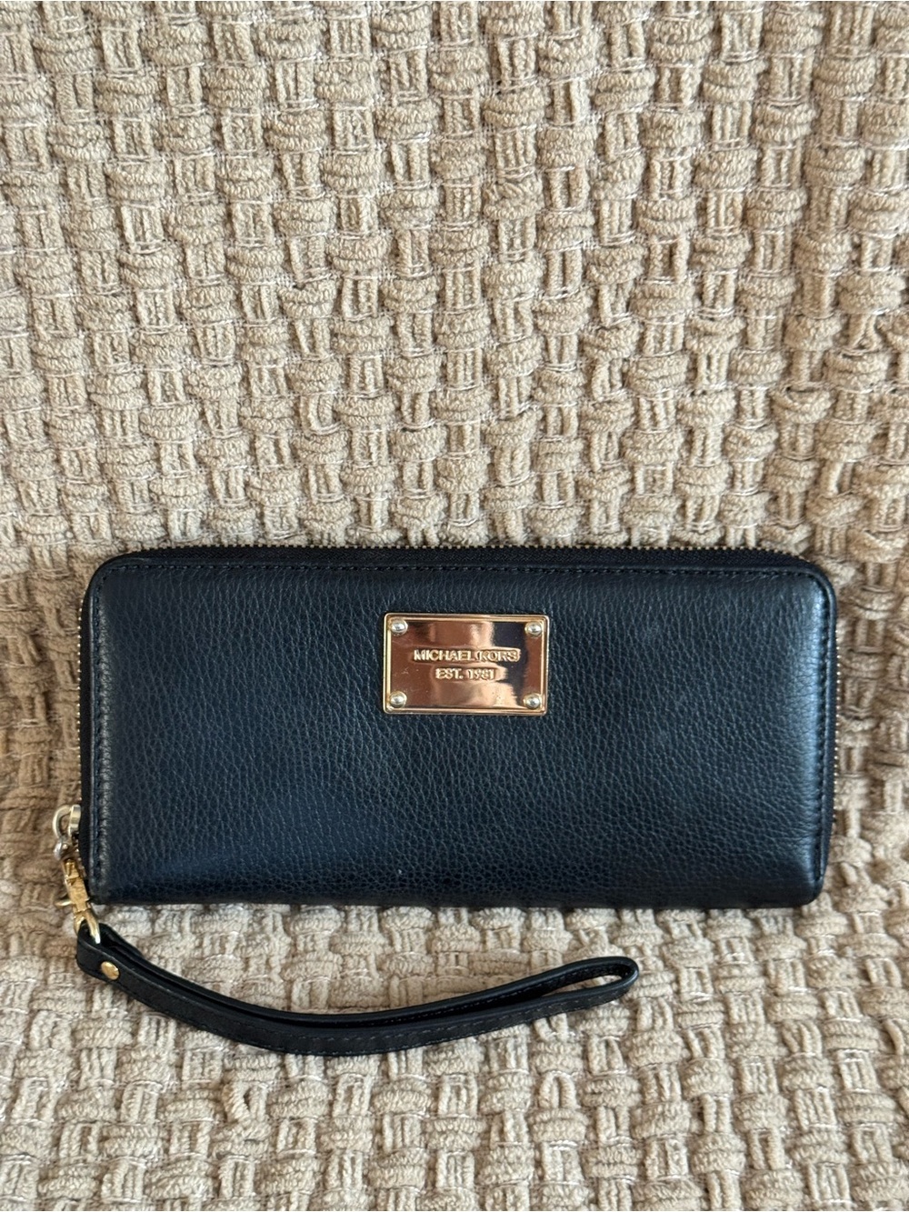 Michael Kors Black Leather Zip Wristlet with Gold Plate